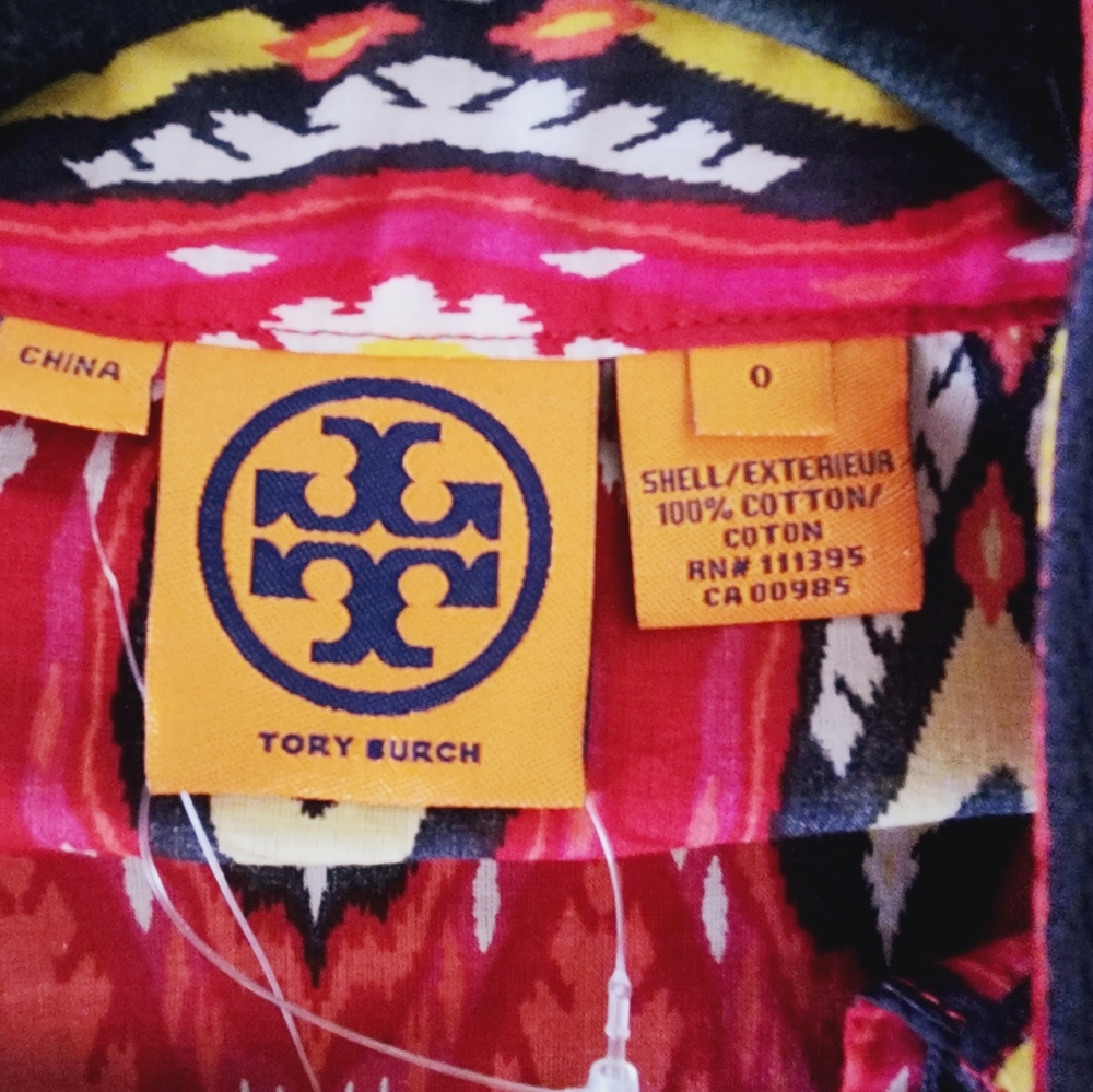 Tory Burch Ikat Long Sleeve Tunic Blouse Top Red Multi NWT Sz 0 - Picture 5 of 6